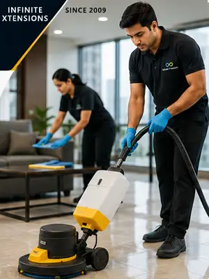 Deep floor cleaning with machine in a Mumbai office